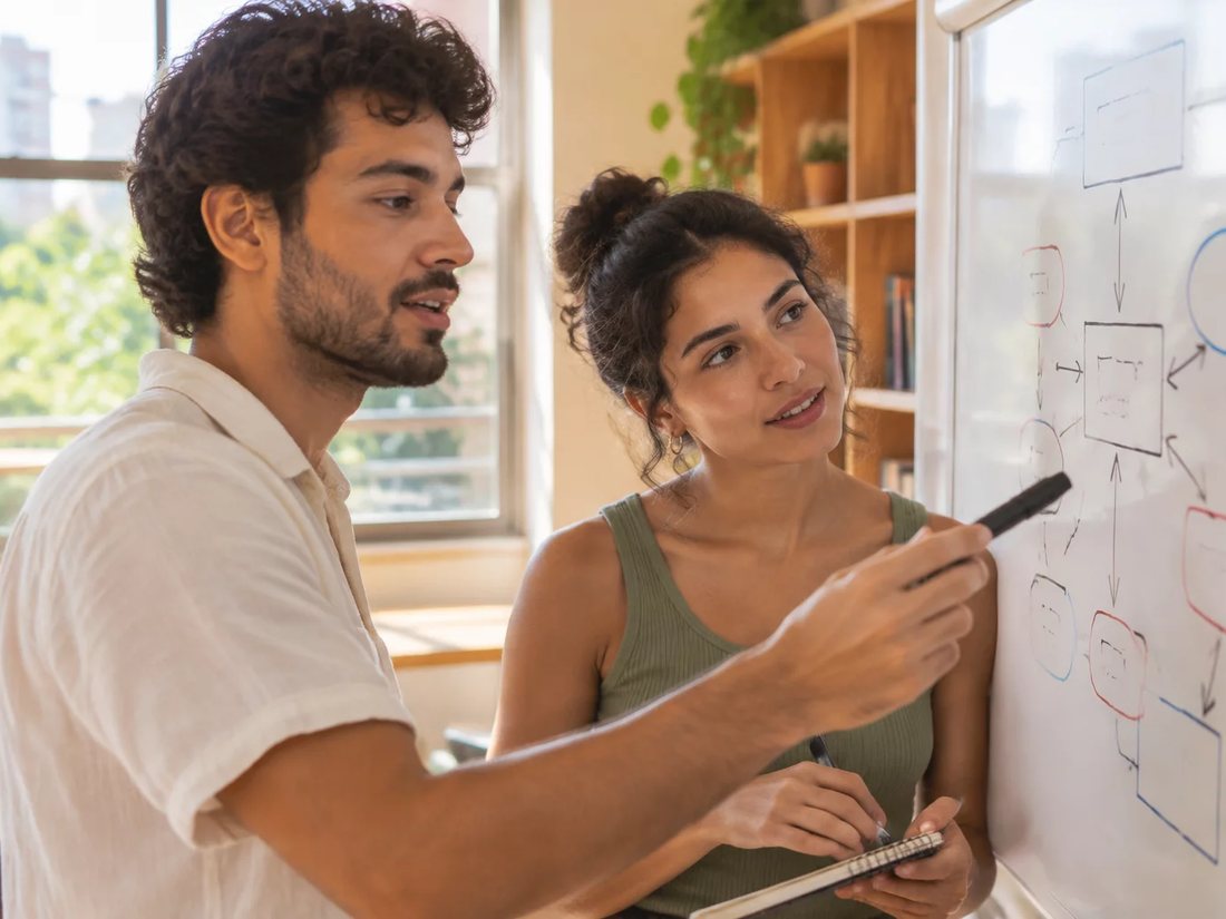 Quem conduz aponta para o esquema de um argumento no quadro branco enquanto um inscrito acompanha